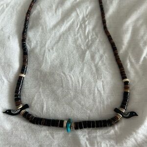 Handmade Black and Brown Beaded Fetish Necklace with Turquoise Accent